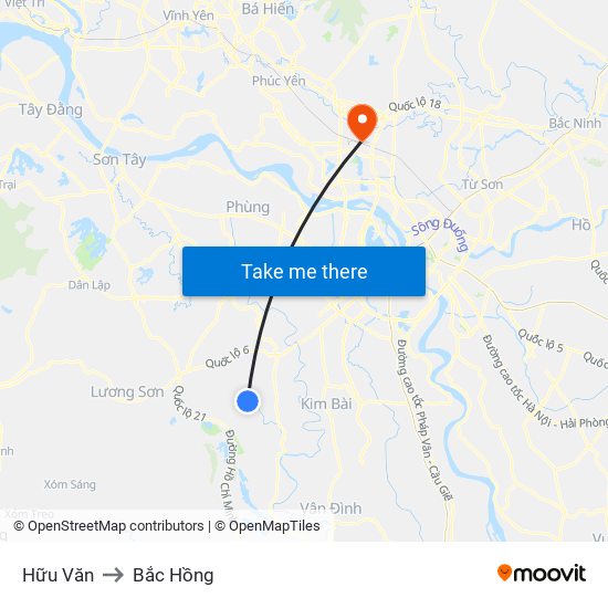 Hữu Văn to Bắc Hồng map