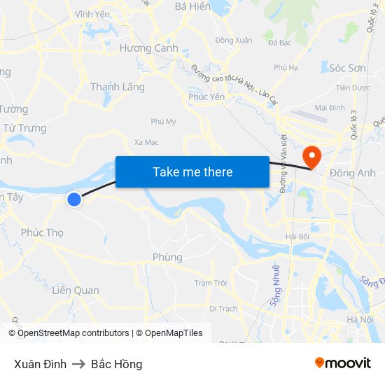 Xuân Đình to Bắc Hồng map