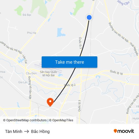 Tân Minh to Bắc Hồng map