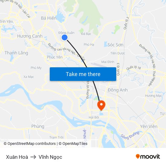 Xuân Hoà to Vĩnh Ngọc map