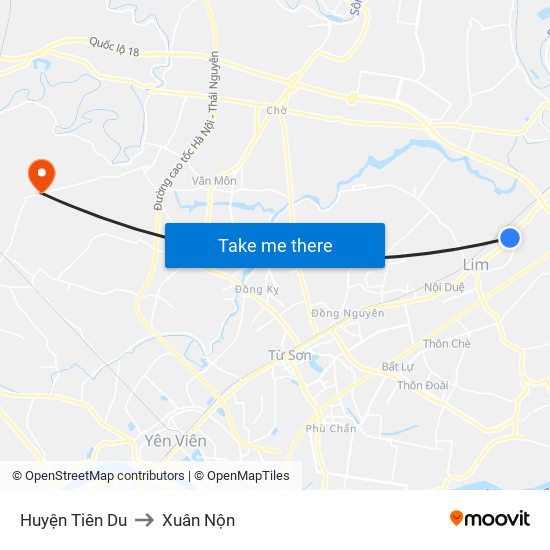 Huyện Tiên Du to Xuân Nộn map