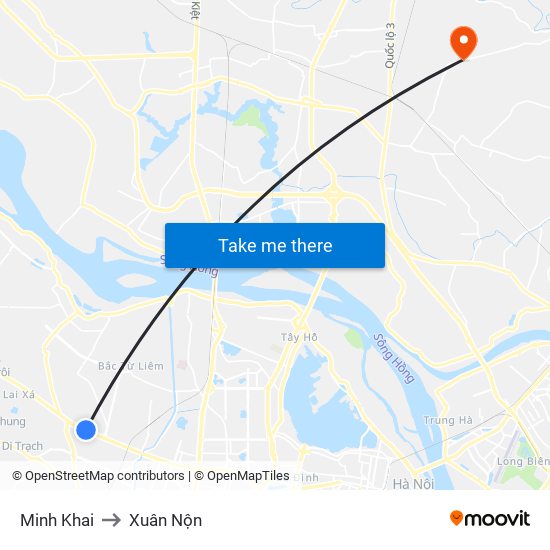 Minh Khai to Xuân Nộn map