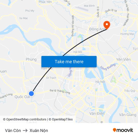 Vân Côn to Xuân Nộn map