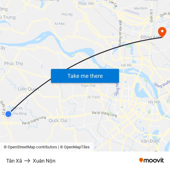 Tân Xã to Xuân Nộn map