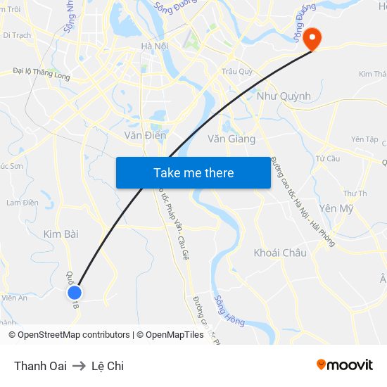 Thanh Oai to Lệ Chi map