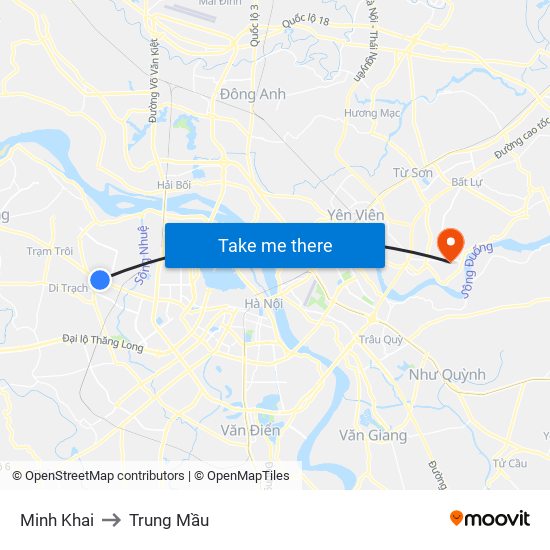 Minh Khai to Trung Mầu map