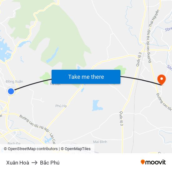 Xuân Hoà to Bắc Phú map