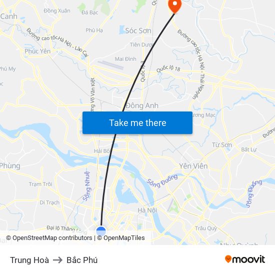 Trung Hoà to Bắc Phú map