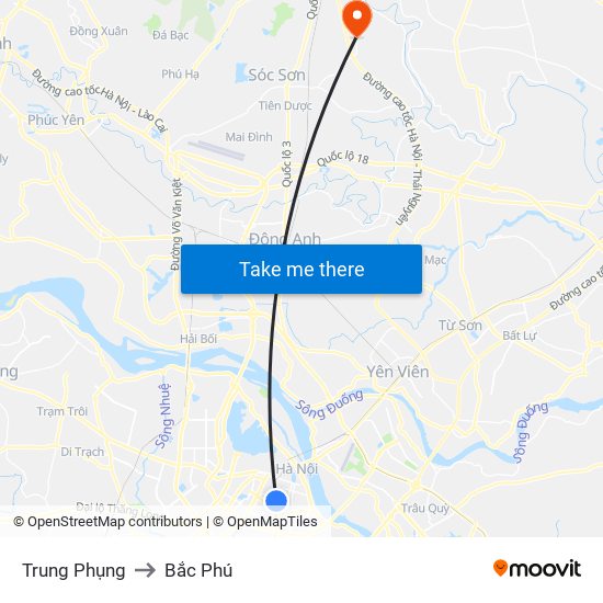 Trung Phụng to Bắc Phú map