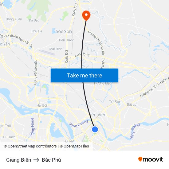 Giang Biên to Bắc Phú map
