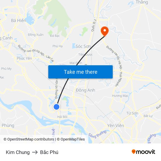 Kim Chung to Bắc Phú map