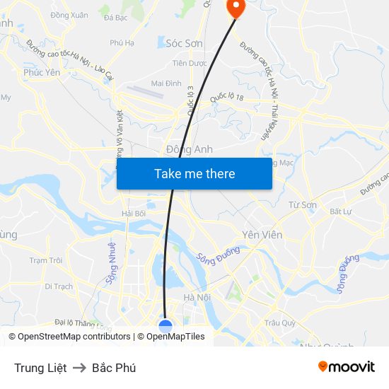 Trung Liệt to Bắc Phú map