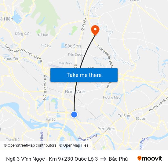 Ngã 3 Vĩnh Ngọc - Km 9+230 Quốc Lộ 3 to Bắc Phú map