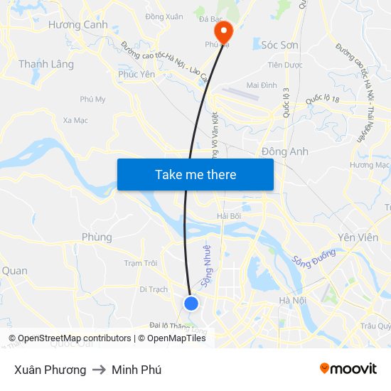 Xuân Phương to Minh Phú map