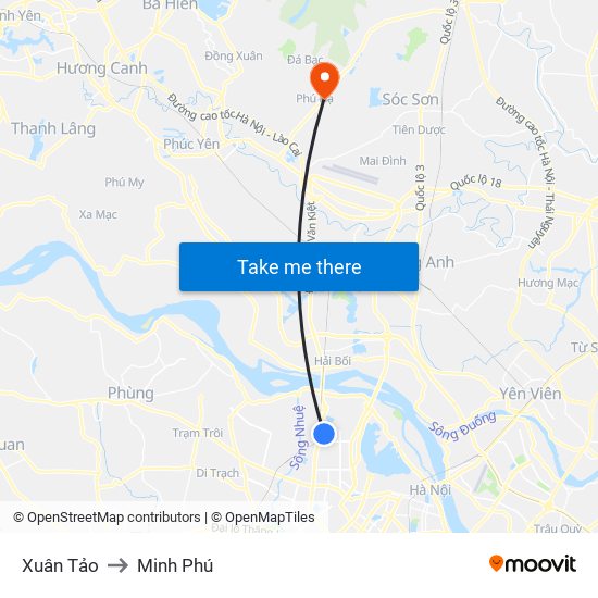 Xuân Tảo to Minh Phú map