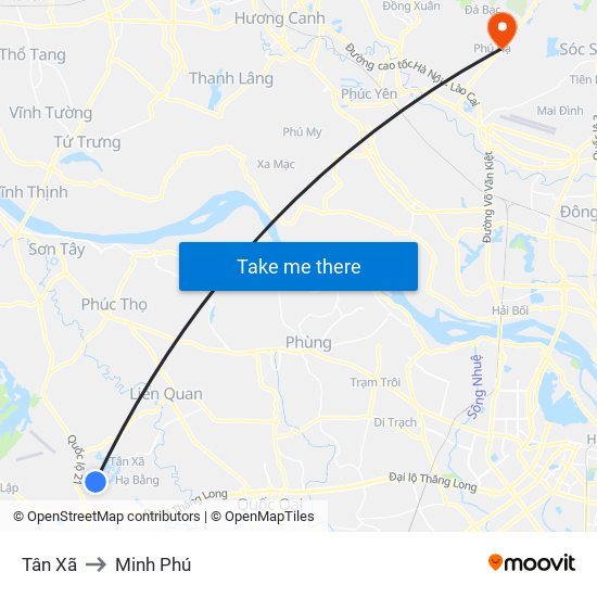 Tân Xã to Minh Phú map