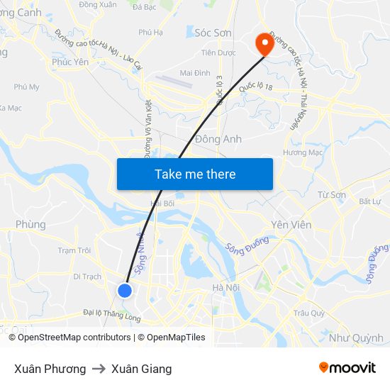 Xuân Phương to Xuân Giang map