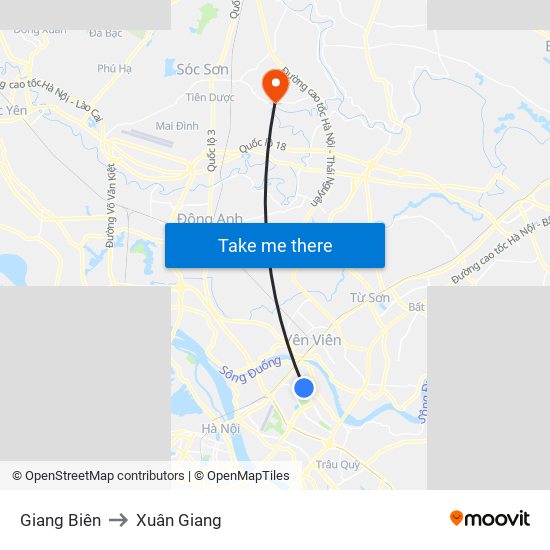 Giang Biên to Xuân Giang map