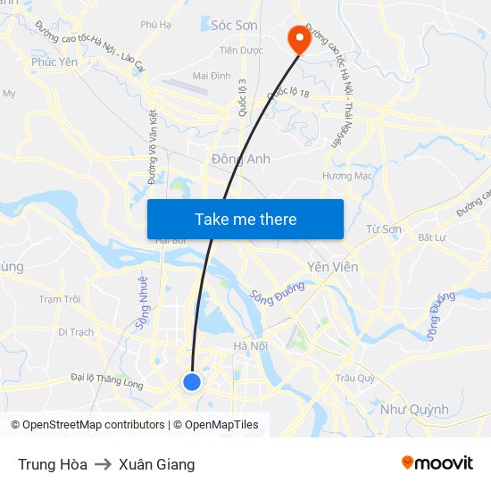 Trung Hòa to Xuân Giang map