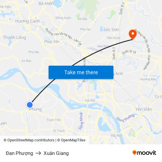 Đan Phượng to Xuân Giang map