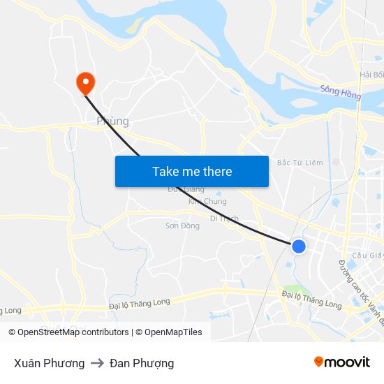 Xuân Phương to Đan Phượng map