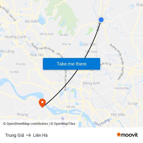 Trung Giã to Liên Hà map