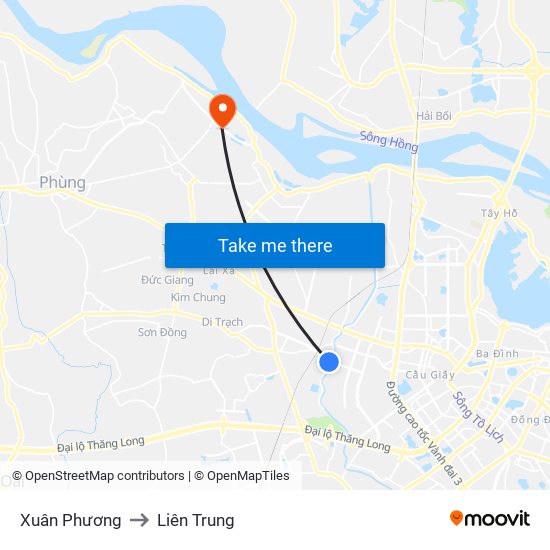 Xuân Phương to Liên Trung map