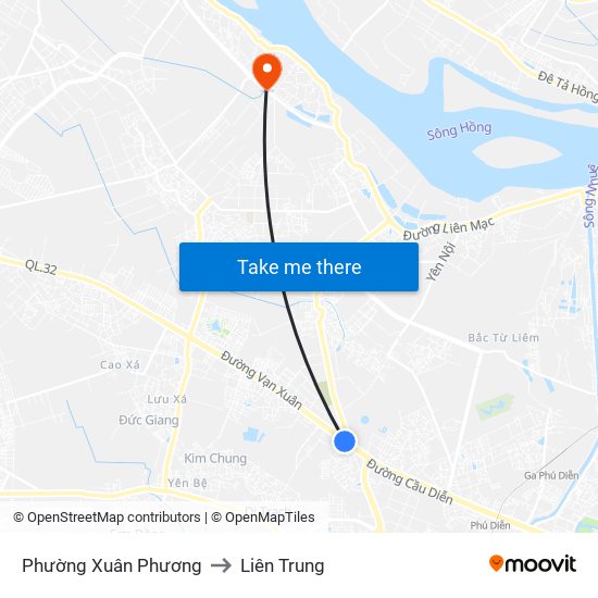 Phường Xuân Phương to Liên Trung map