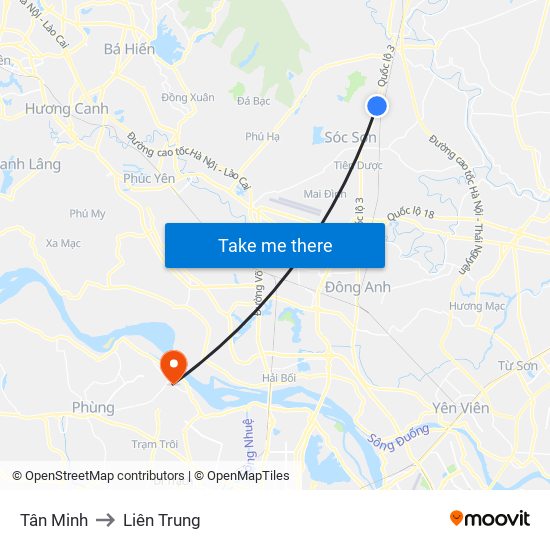 Tân Minh to Liên Trung map