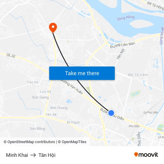 Minh Khai to Tân Hội map