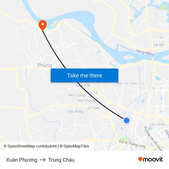 Xuân Phương to Trung Châu map