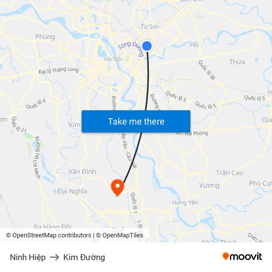 Ninh Hiệp to Kim Đường map