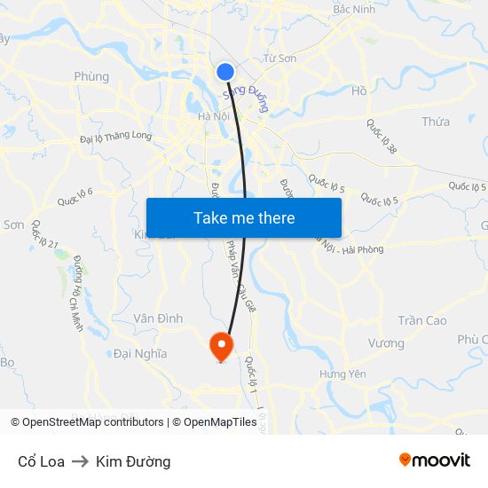 Cổ Loa to Kim Đường map