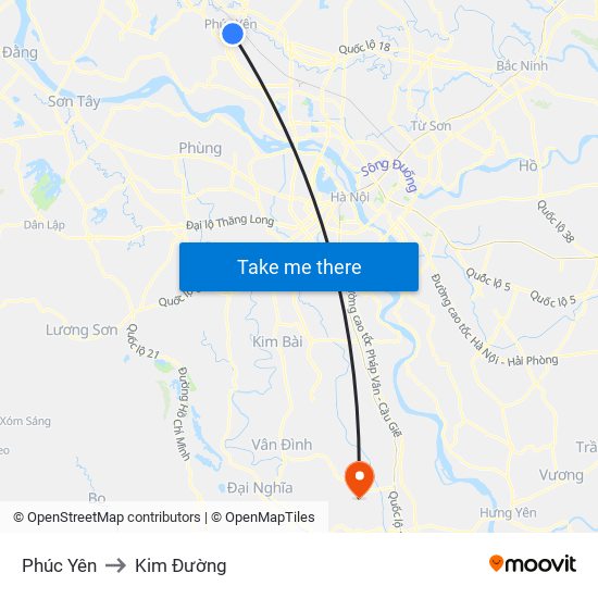 Phúc Yên to Kim Đường map