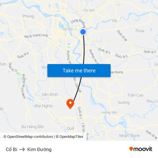 Cổ Bi to Kim Đường map