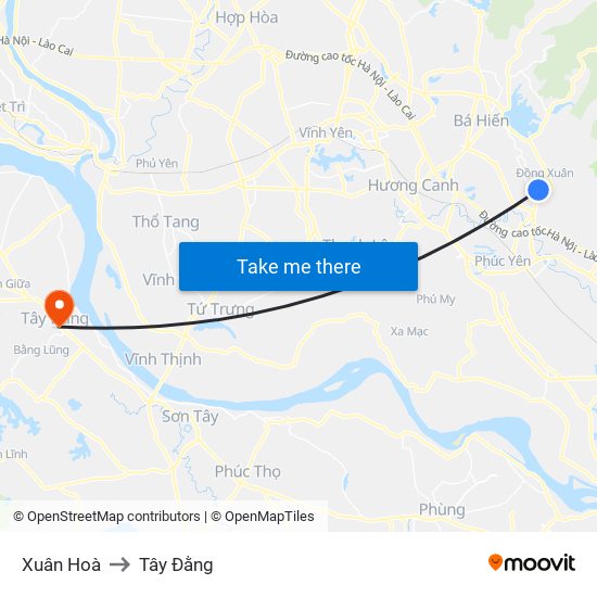 Xuân Hoà to Tây Đằng map