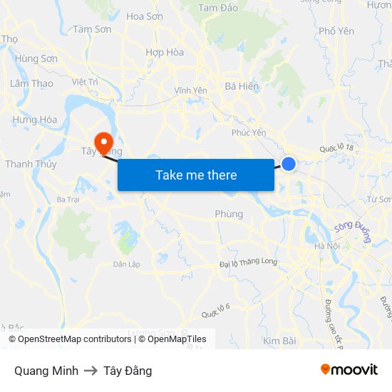 Quang Minh to Tây Đằng map