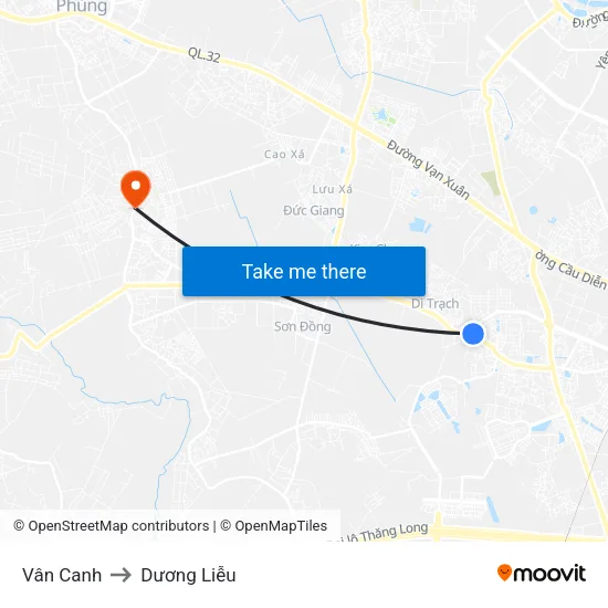 Vân Canh to Dương Liễu map