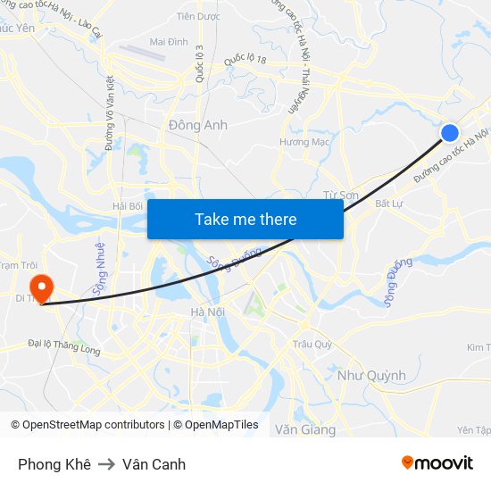 Phong Khê to Vân Canh map