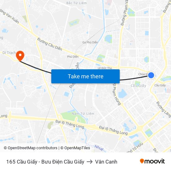 165 Cầu Giấy - Bưu Điện Cầu Giấy to Vân Canh map