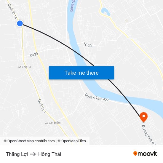 Thắng Lợi to Hồng Thái map