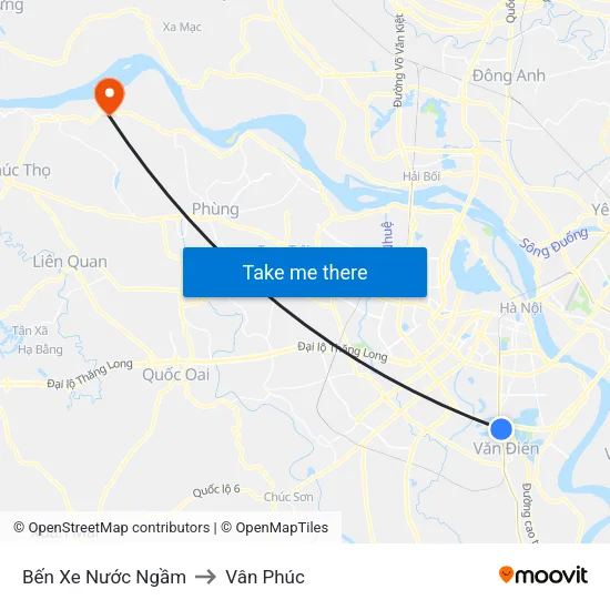 Bến Xe Nước Ngầm to Vân Phúc map