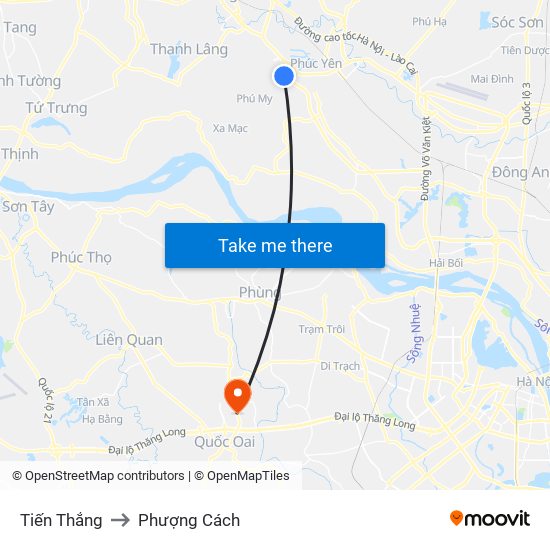 Tiến Thắng to Phượng Cách map