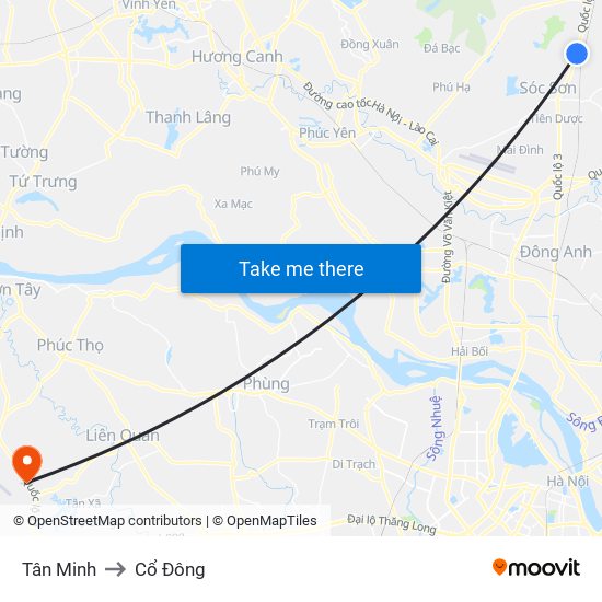 Tân Minh to Cổ Đông map