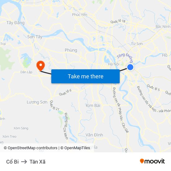 Cổ Bi to Tân Xã map