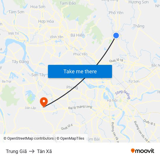 Trung Giã to Tân Xã map