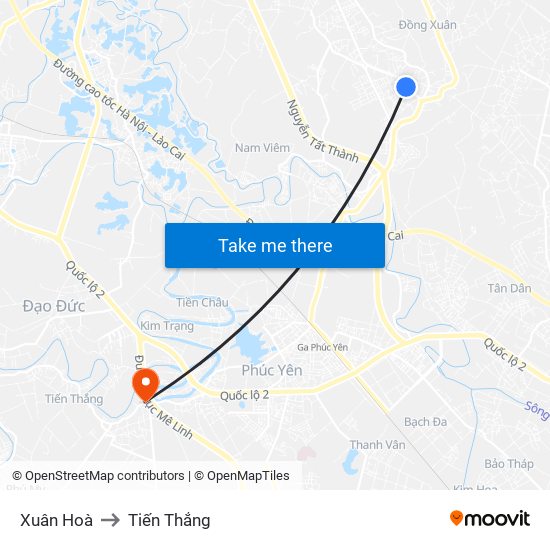Xuân Hoà to Tiến Thắng map