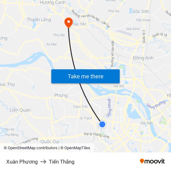 Xuân Phương to Tiến Thắng map