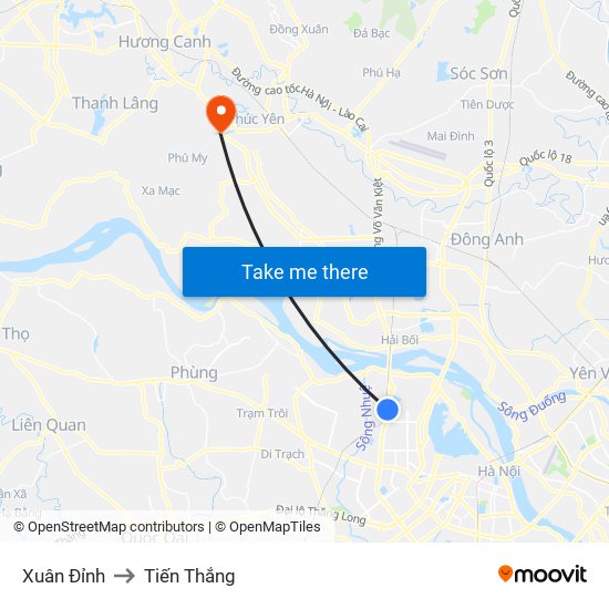 Xuân Đỉnh to Tiến Thắng map