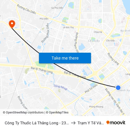 Công Ty Thuốc Lá Thăng Long - 235 Nguyễn Trãi to Trạm Y Tế Vân Canh map